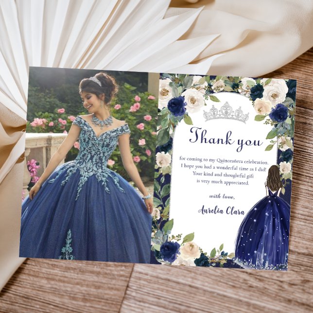 Blue Floral Princess Quinceanera Birthday Photo Thank You Card (Creator Uploaded)
