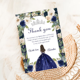 Blue Floral Princess Quinceanera Birthday Thank You Card