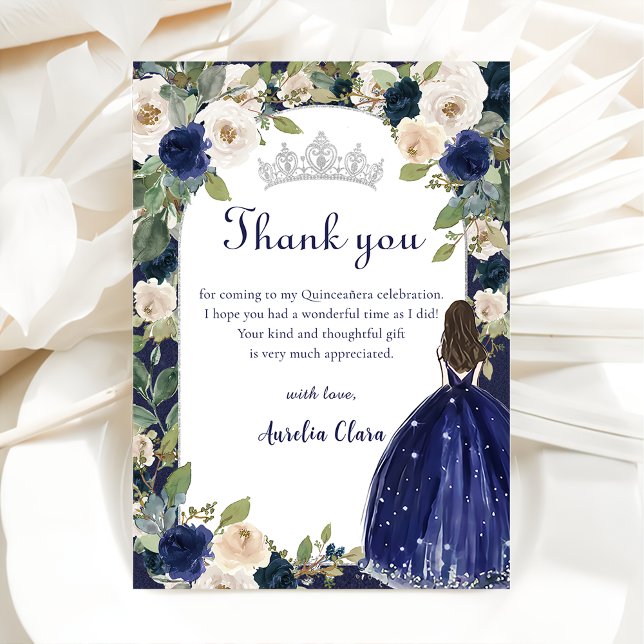 Blue Floral Princess Quinceanera Birthday Thank You Card (Creator Uploaded)