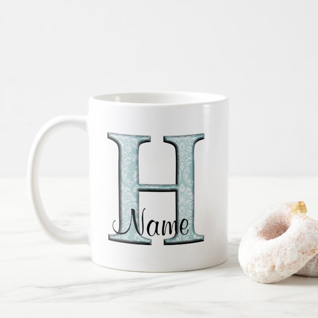 Blue Floral Print H monogram initials Coffee Mug (With Donut)