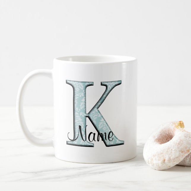 Blue Floral Print K monogram initials Coffee Mug (With Donut)