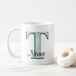 Blue Floral Print T monogram initials Coffee Mug