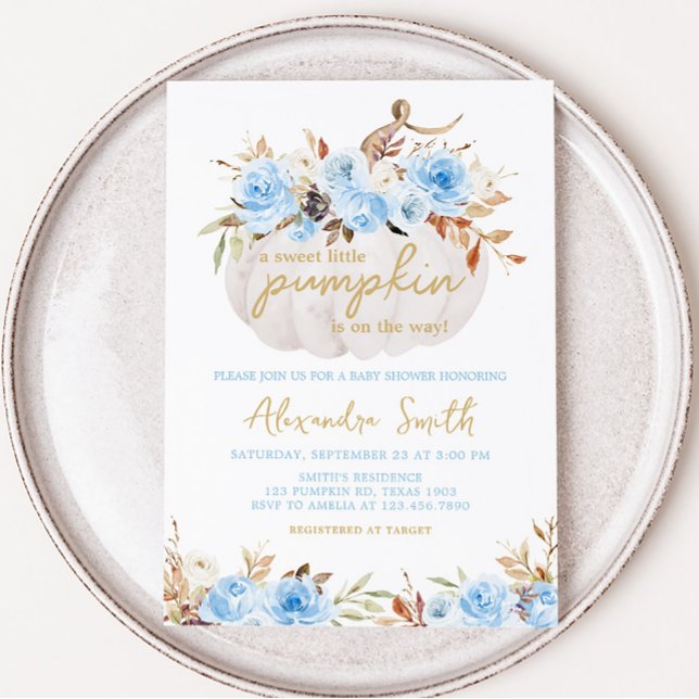 Blue Floral Pumpkin Baby Shower Invitation (Pumpkin Blue Floral Baby Shower Invitation)