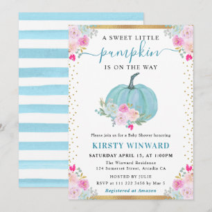 Blue Floral Pumpkin Fall Baby Shower Invitation