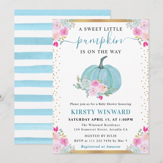 Blue Floral Pumpkin Fall Baby Shower Invitation (Front/Back)