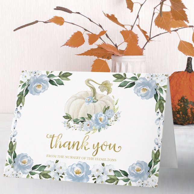 Blue Floral Pumpkin Fall Baby Shower Thank You Card (Creator Uploaded)