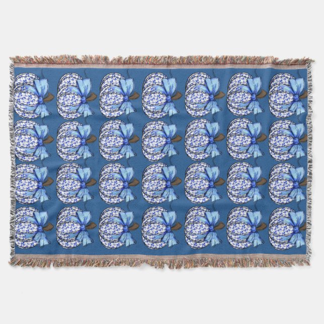 Blue Floral Pumpkin Fall Coquette Thanksgiving Throw Blanket (Front)