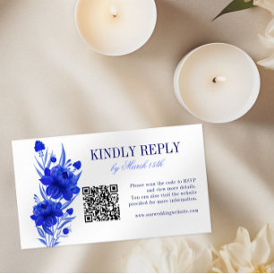 Blue Floral QR Code Wedding RSVP Enclosure Card