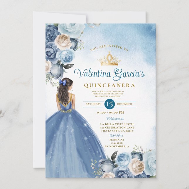 Blue Floral Quinceañera 15 Anos Gold Crown Glitter Invitation (Front)