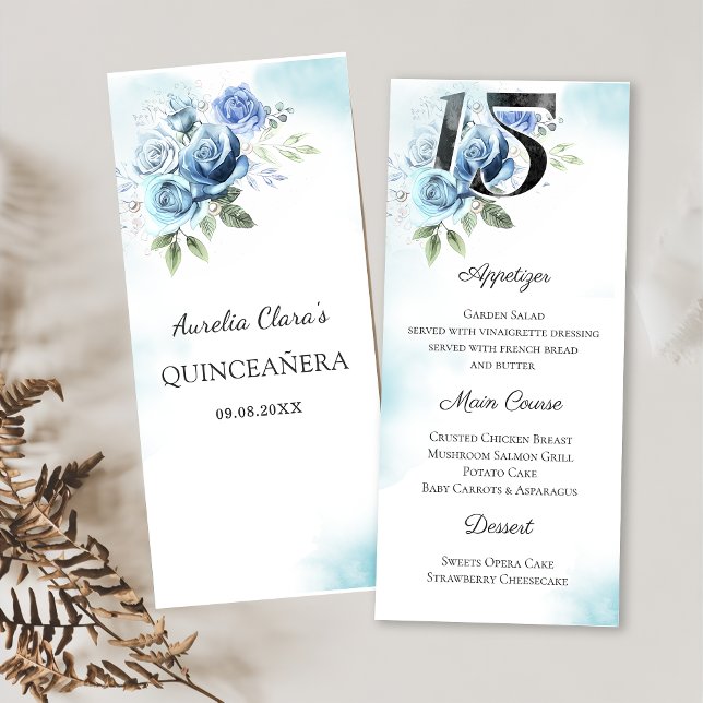 Blue Floral Quinceanera 15th Birthday Party Menu (Creator Uploaded)