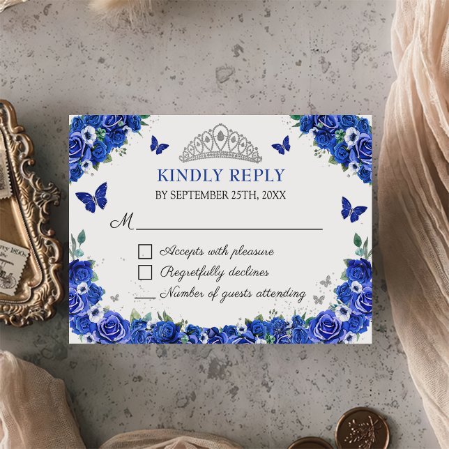 Blue Floral Quinceañera Butterflies RSVP Card (Creator Uploaded)