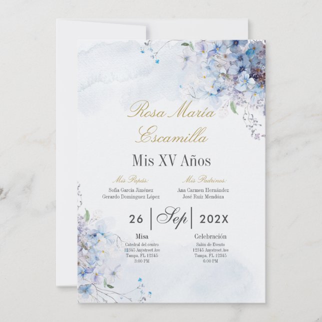 Blue floral Quinceanera invitation (Front)