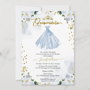 Blue Floral Quinceanera Invitation Bilingual