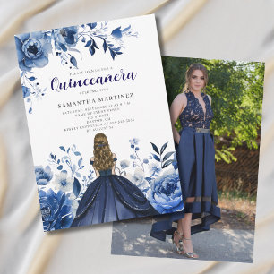Blue Floral Quinceañera Photo Invitation