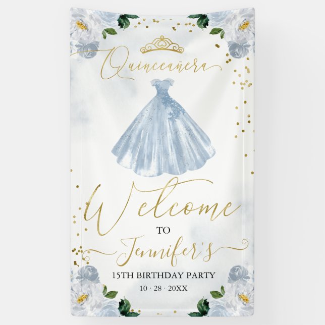 Blue Floral Quinceanera Welcome Banner (Vertical)