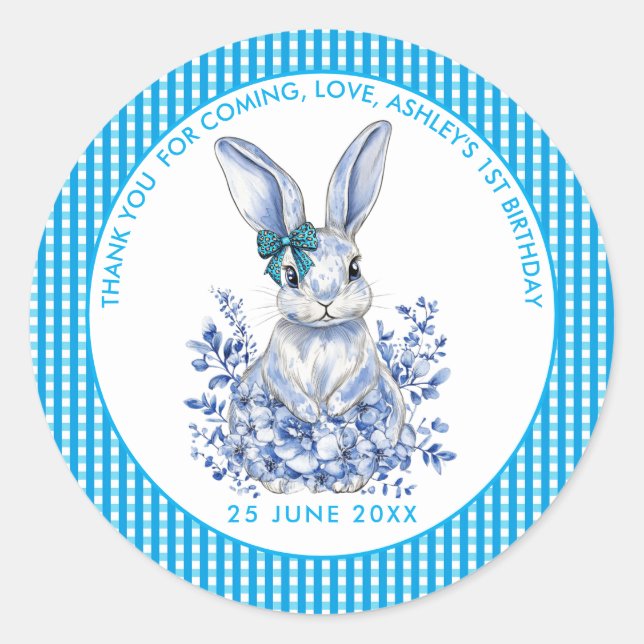  Blue Floral Rabbit 1st Birthday for Kids Classic Round Sticker (Front)