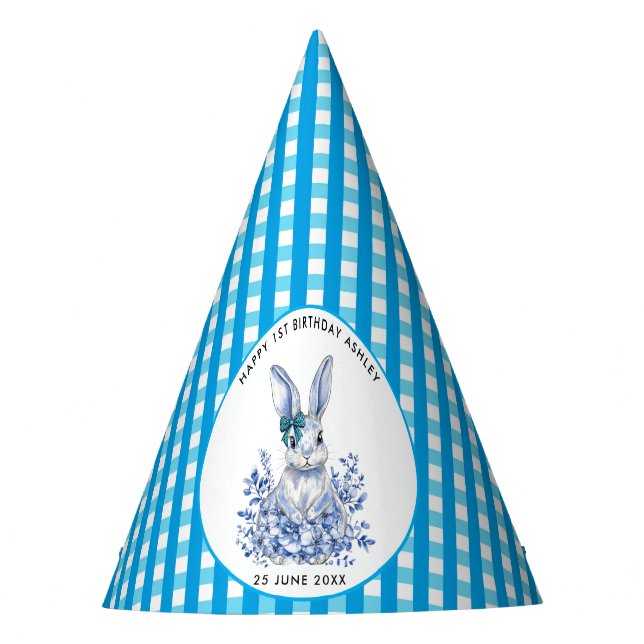  Blue Floral Rabbit 1st Birthday for Kids Party Hat (Front)