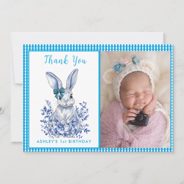 Blue Floral Rabbit Theme for 1st Birthday Gratitud Thank You Card (Front)