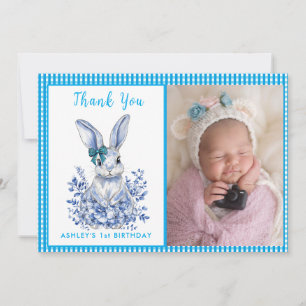 Blue Floral Rabbit Theme for 1st Birthday Gratitud Thank You Card