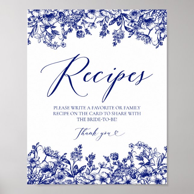 Blue Floral Recipe Cards Sign Leave Your Recipe (Front)