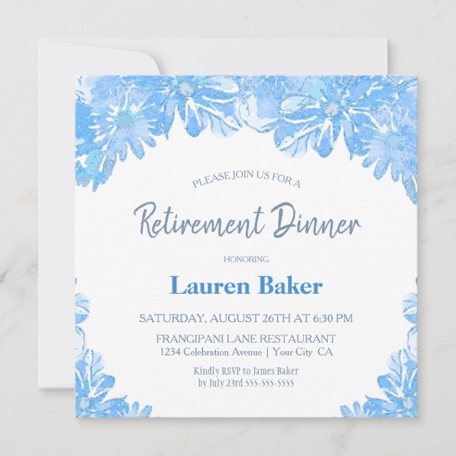 Blue Floral Retirement Dinner Party Invitation (Front)