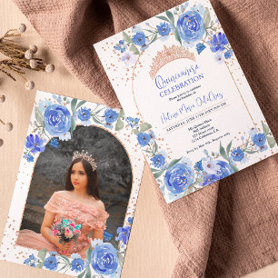 Blue floral Rose gold tiara princess Quinceanera Invitation