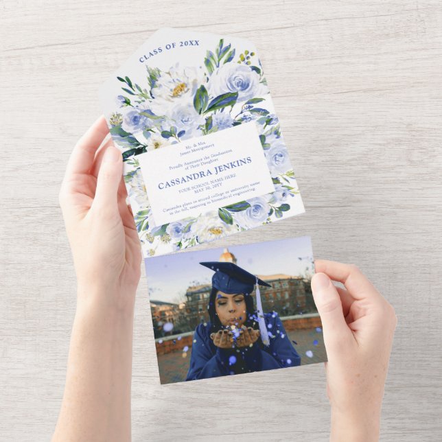 Blue Floral Rose Graduation Party Announcement  (Tearaway)