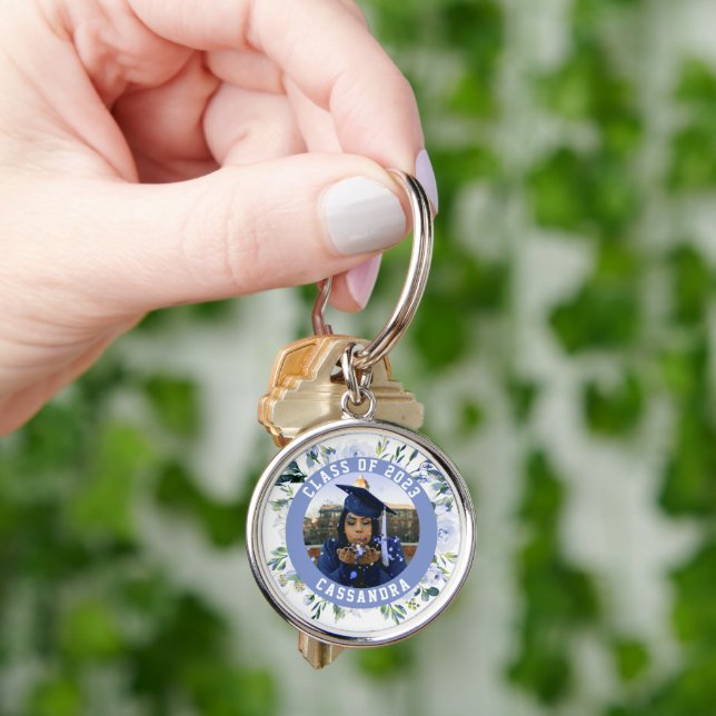 Blue Floral Rose Graduation Photo  Key Ring (Hand)