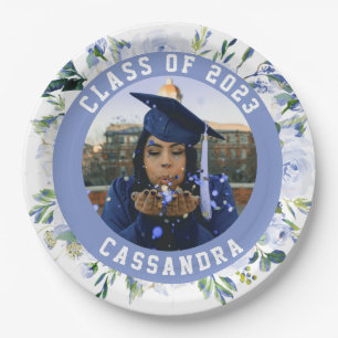 Blue Floral Rose Graduation Photo Paper Plate