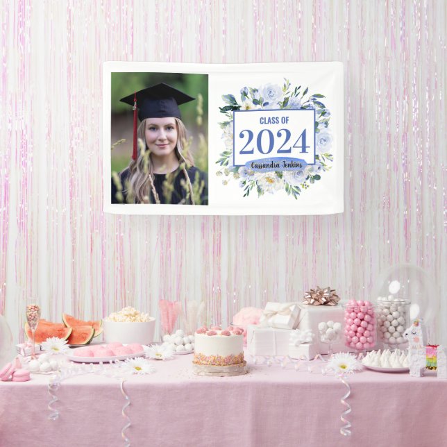 Blue Floral Rose Graduation Year Banner (Party)
