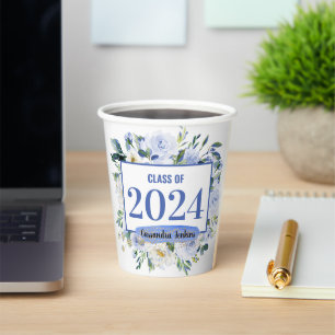 Blue Floral Rose Graduation Year Paper Cups