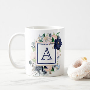 Blue Floral Rose Monogram Coffee Mug