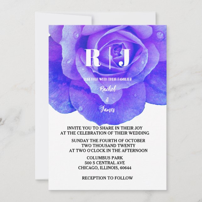 Blue Floral Rose Monogram Flowers Elegant Wedding Invitation (Front)