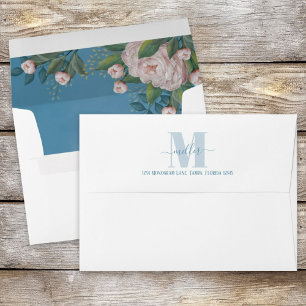 Blue Floral Rose Monogram Personalised Return Envelope