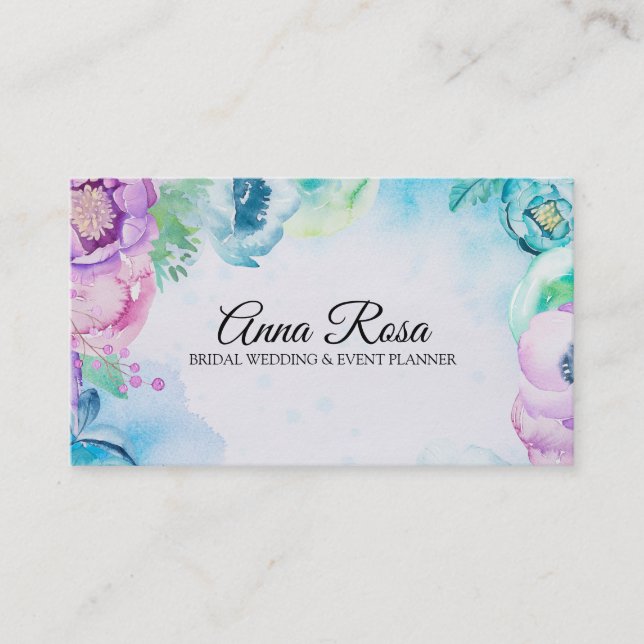 *~* Blue Floral Rose Wedding Event Planner Business Card (Front)