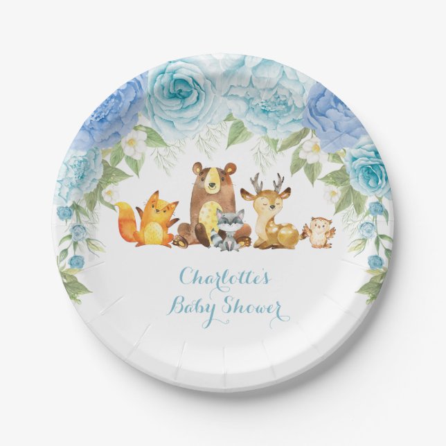 Blue Floral Rose Woodland Forest Boy Baby Shower Paper Plate (Front)