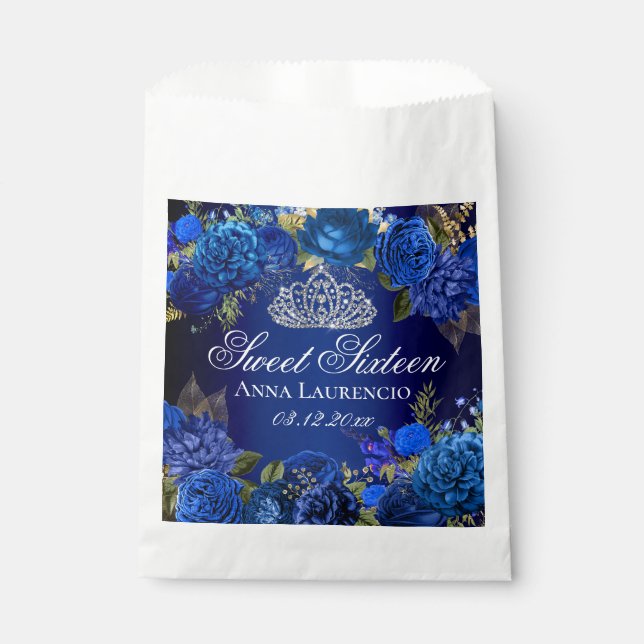 Blue Floral Roses Sweet Sixteen Party Favour Bags (Front)