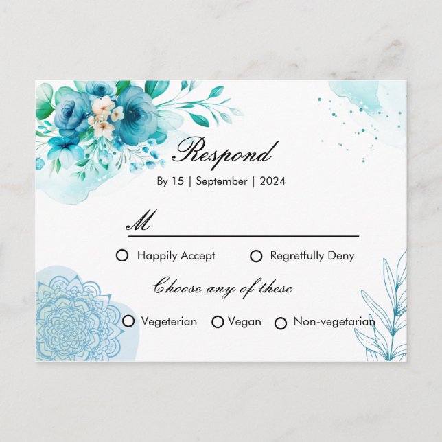 Blue floral RSPV invitation card for wedding  (Front)