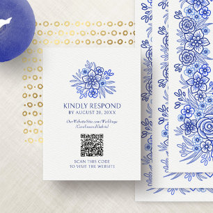 Blue Floral RSVP QR Code Wedding Enclosure Card