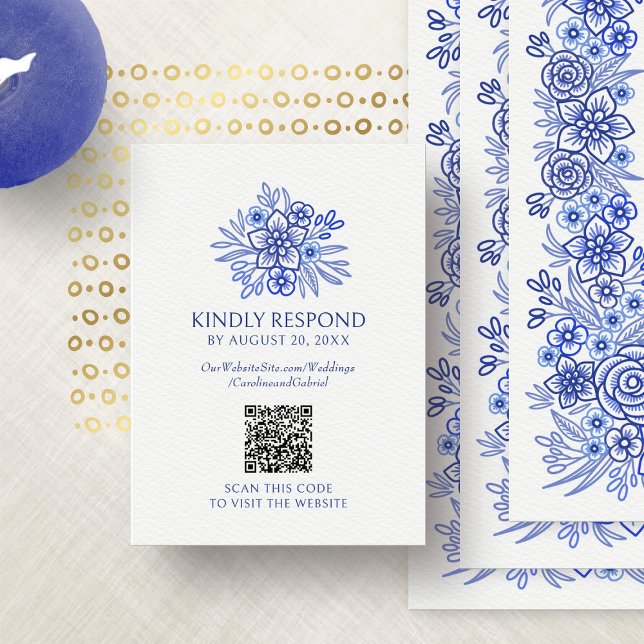 Blue Floral RSVP QR Code Wedding Enclosure Card (Creator Uploaded)