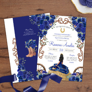 Blue Floral Rustic Charro Western Quinceañera  Invitation