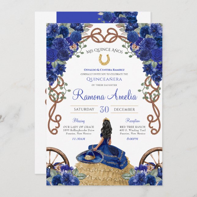 Blue Floral Rustic Charro Western Quinceañera  Invitation (Front/Back)