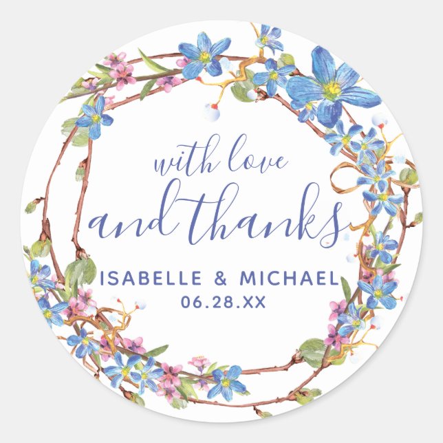 Blue Floral Rustic Grapevine Wedding Thank You Classic Round Sticker (Front)