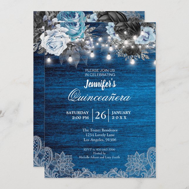 Blue Floral Rustic Quinceanera Invitation (Front/Back)