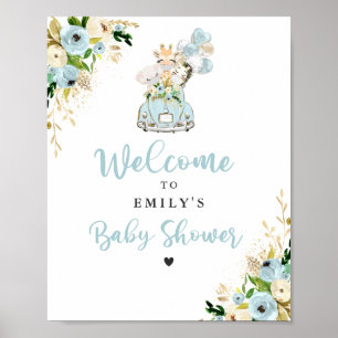 Blue Floral Safari Animals Drive By Baby Shower Poster