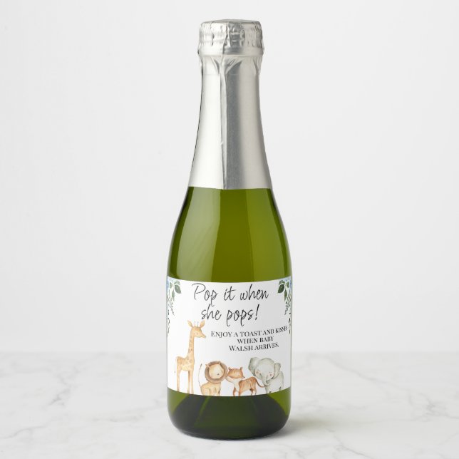 Blue Floral Safari Baby Shower Pop It Sparkling Wi Sparkling Wine Label (Front)