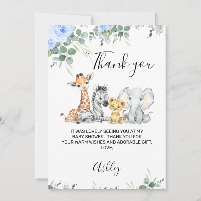 Blue Floral Safari Baby Shower Thank You Card (Front)