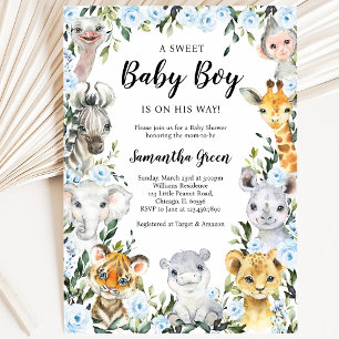 Blue Floral Safari Jungle Baby Shower Invitation