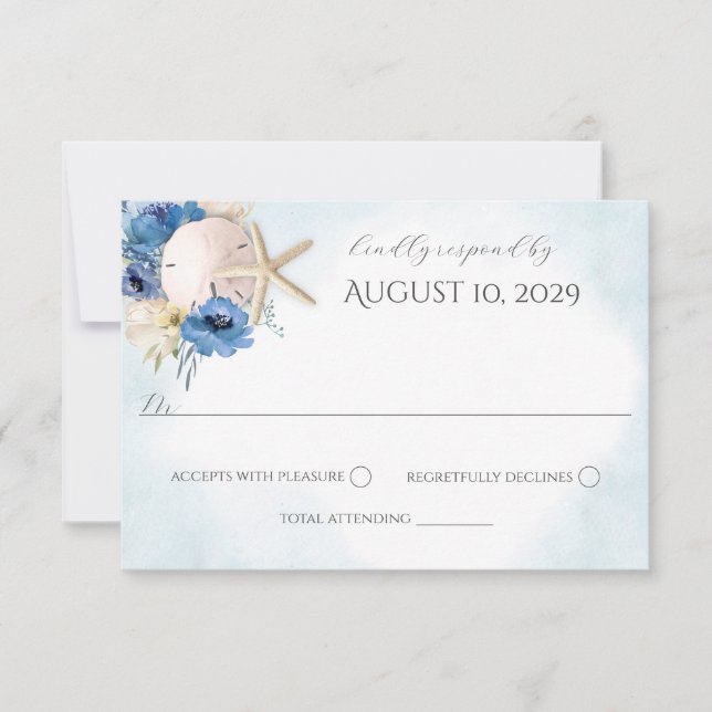 Blue Floral Sand Dollar Beach Wedding Invitation (Front)