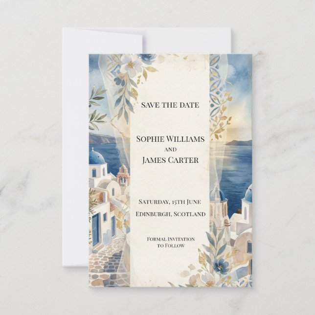 Blue Floral Santorini Save The Date Card (Front)